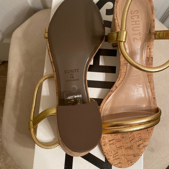 SCHUTZ Gimenez Mid Cork Heel Sandal Gold Size 7 New In Box - Picture 5 of 7